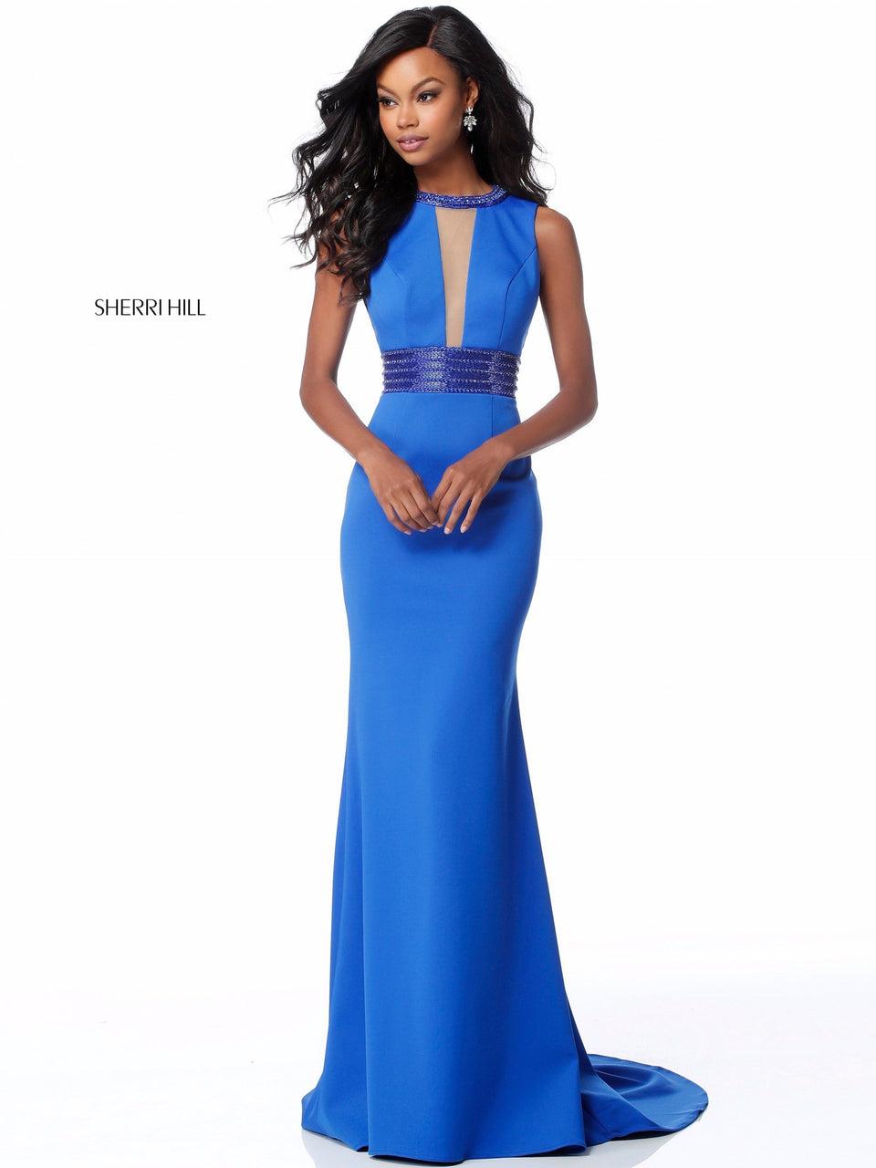 sherri hill Fitted jersey gown with cut out bodice and bead encrusted neck and belt