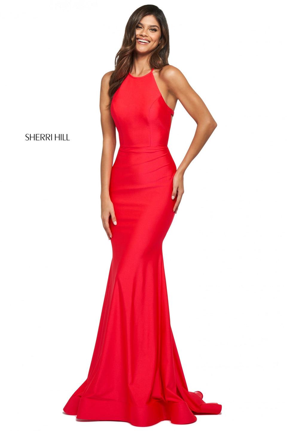 Sherri Hill Fitted Jersey Gown With High Cut Halter Style Neckline Strappy Back And Ruched Lower Back