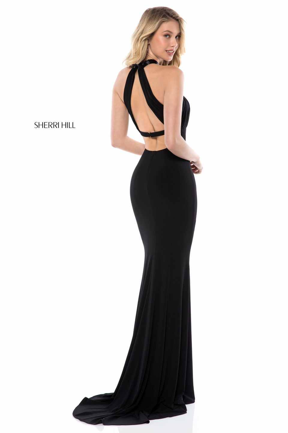 sherri hill Fitted jersey gown with high neck and bodice and cut out back