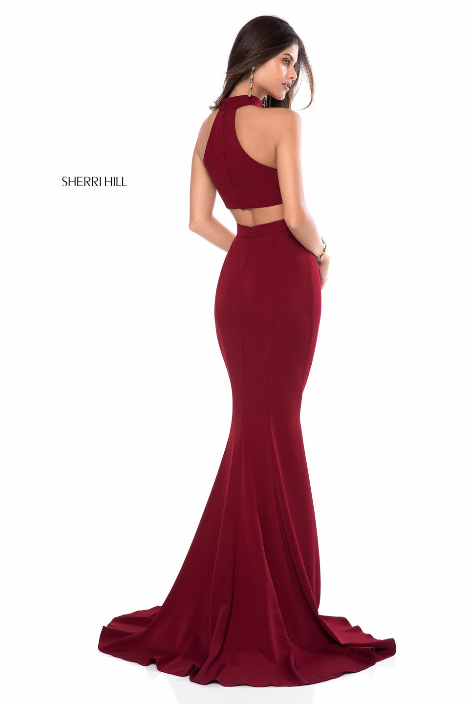 Sherri Hill Fitted Jersey Gown With High Neck Bodice And Cut Out Back
