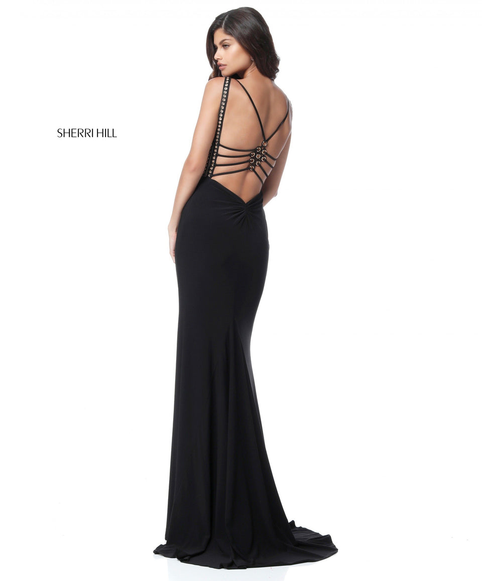 sherri hill Fitted jersey gown with V neck cut out bodice