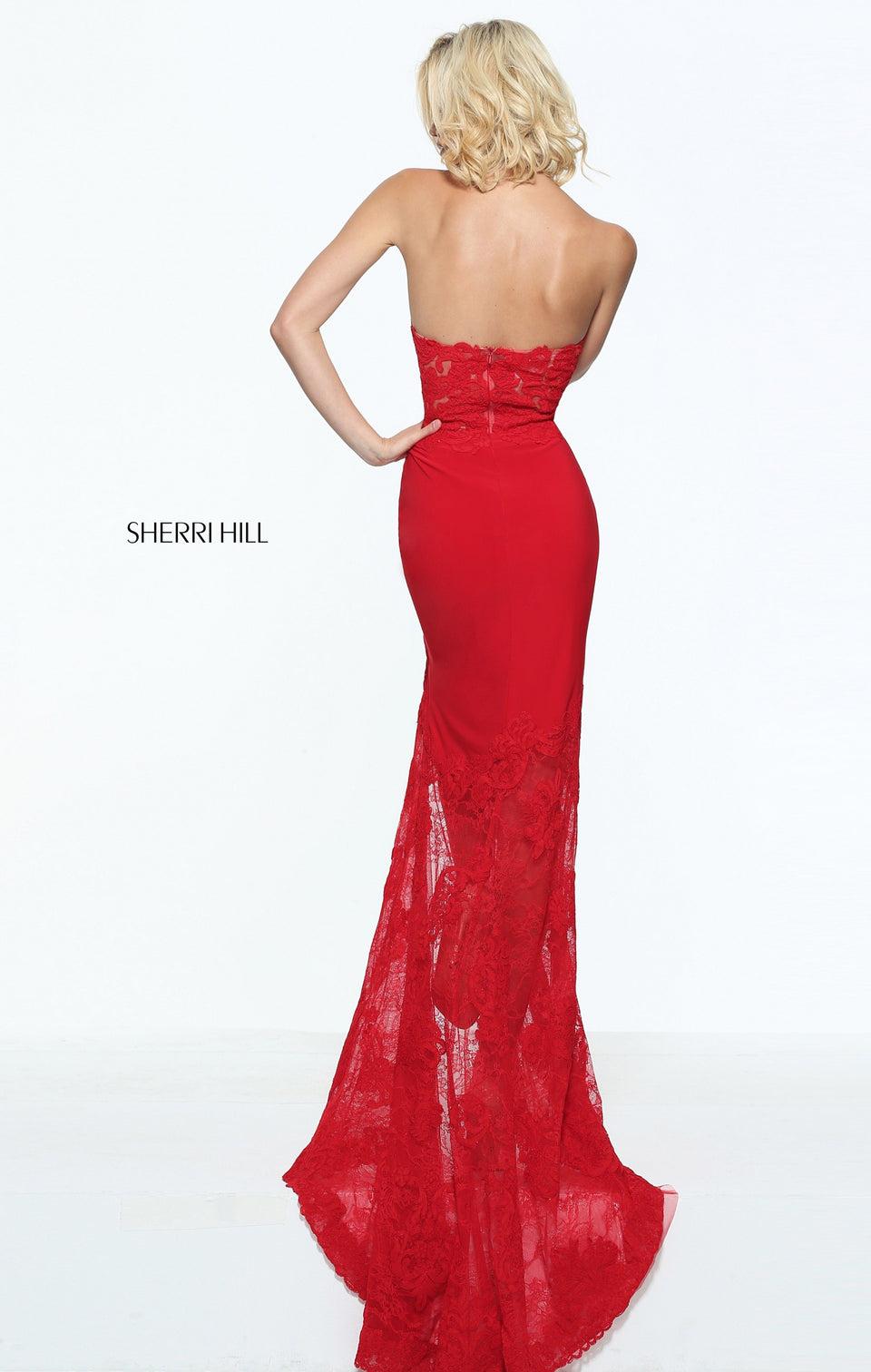 Sherri Hill Fitted Jersey With A Halter Top Sheer Lace Waist Panel And Skirt With Slit