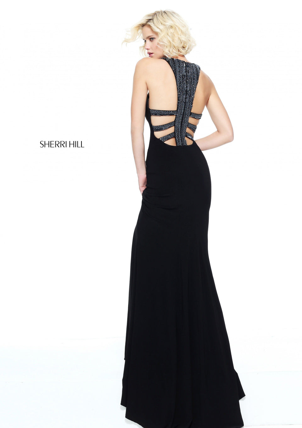 sherri hill Fitted jersey with a keyhole bodice and beaded open back