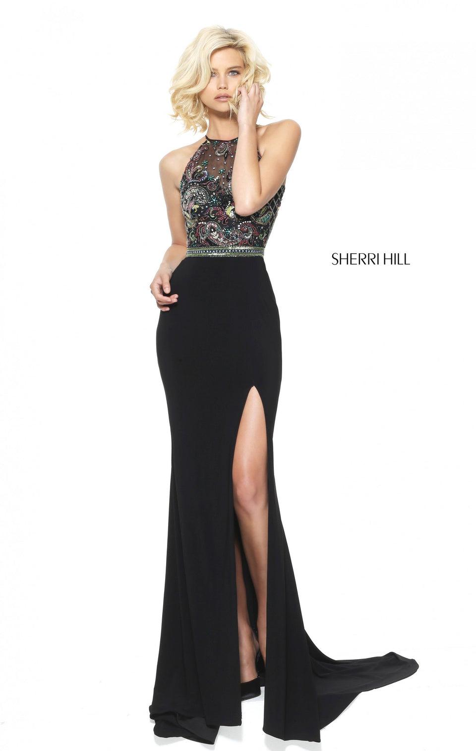 Sherri Hill Fitted Jersey With A Paisley Beaded Bodice And A Slit In The Skirt