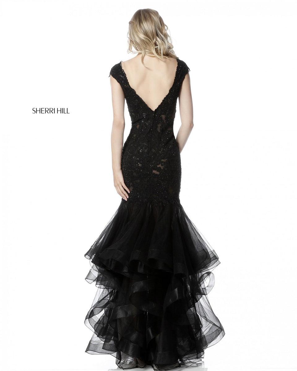 Sherri Hill Fitted Lace Appliqued Gown With Tulle Mermaid Skirt