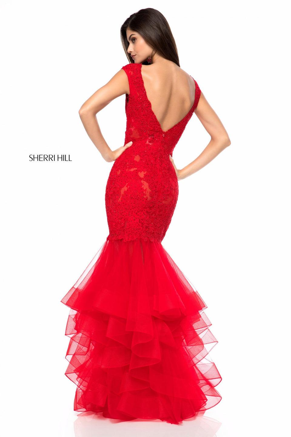Sherri Hill Fitted Lace Appliqued Gown With Tulle Mermaid Skirt