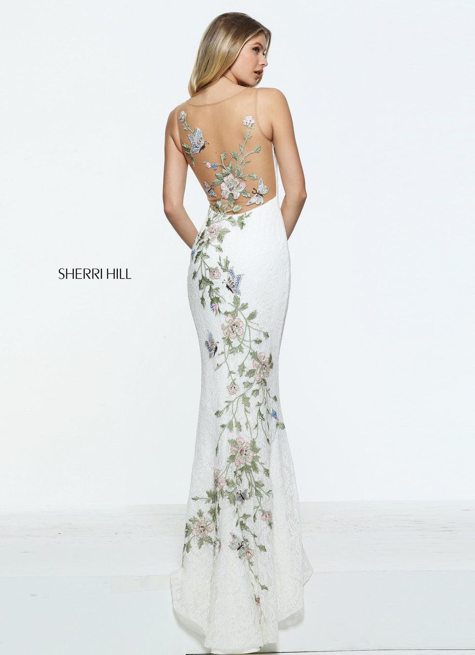 Sherri Hill Fitted Lace Gown With An Embroidered Floral Design Along The Back