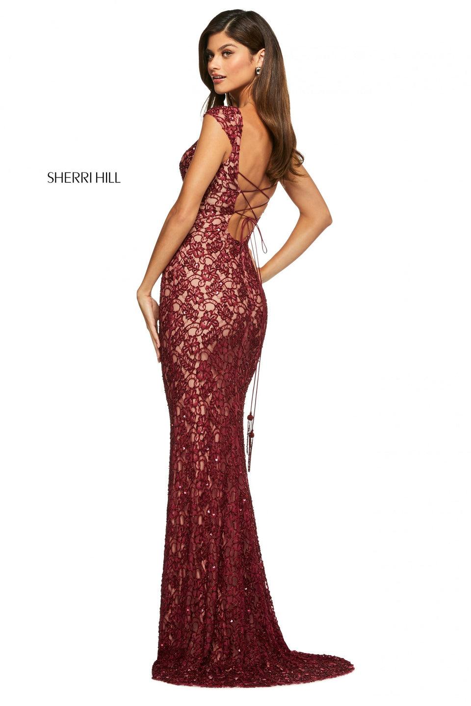 Sherri Hill Fitted Lace Gown With Bateau Neckline Cap Sleeves And Lace Up Back