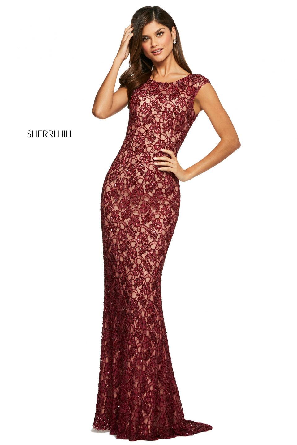 Sherri Hill Fitted Lace Gown With Bateau Neckline Cap Sleeves And Lace Up Back