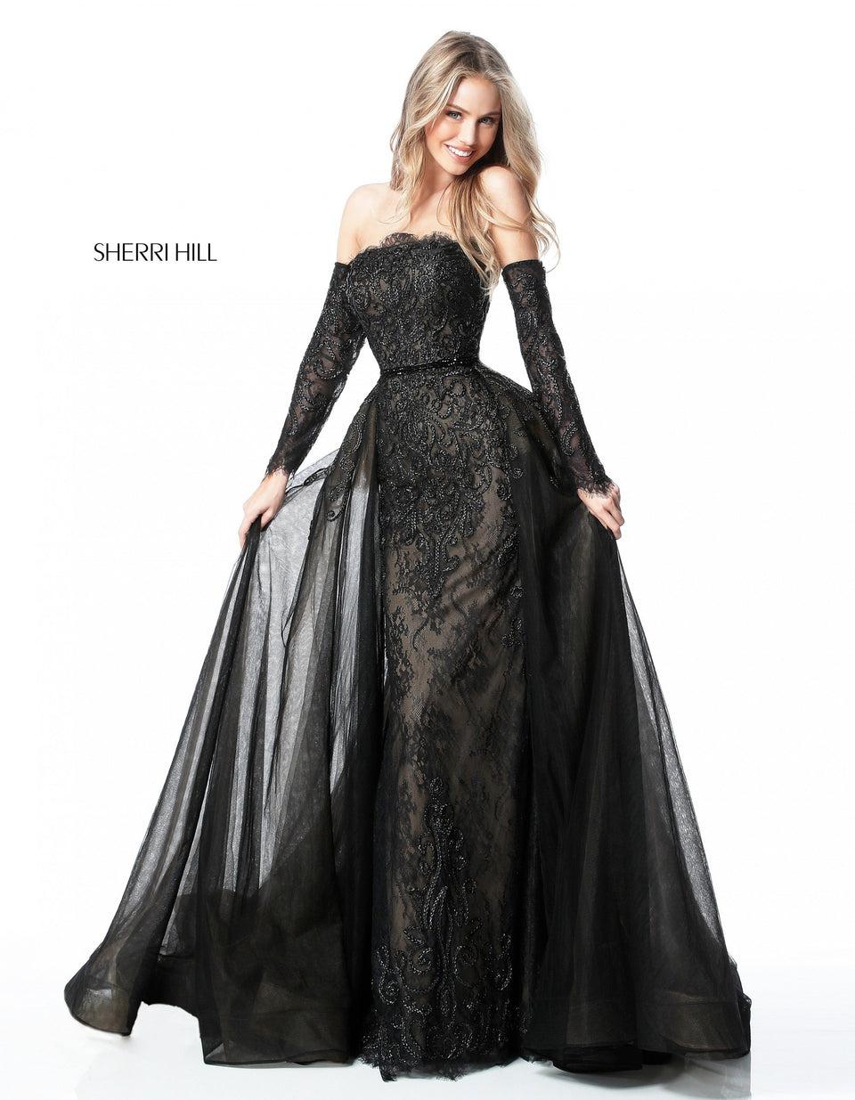 Sherri Hill Fitted Lace Gown With Off-the-shoulder Long Sleeves And Tulle Overskirt