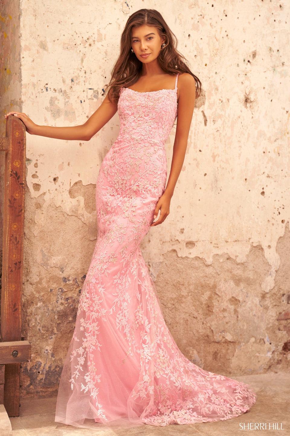sherri hill Fitted lace gown with spaghetti straps and lace up back