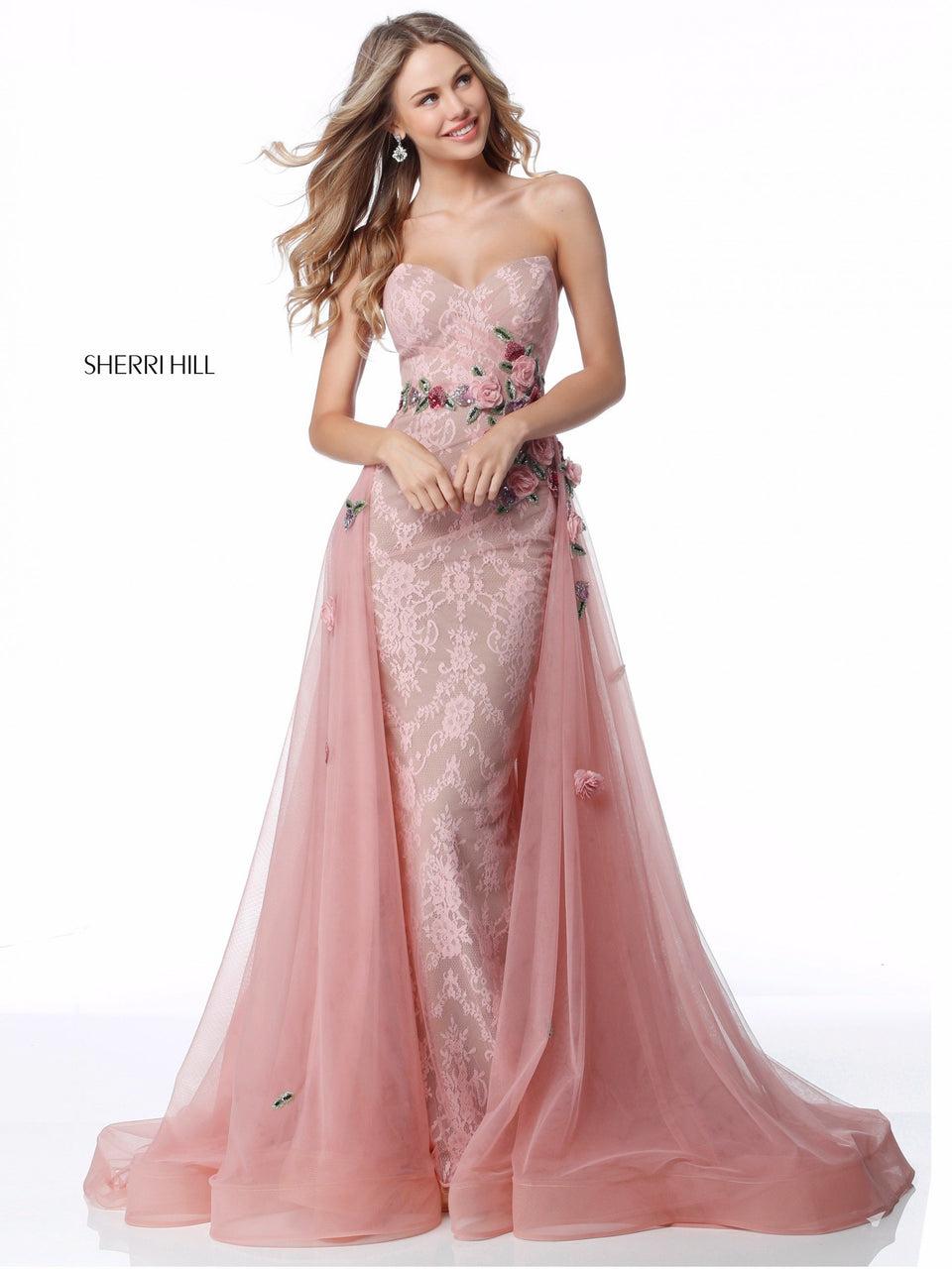 sherri hill Fitted lace gown with strapless sweetheart bodice flower appliqued details and chiffon overskirt