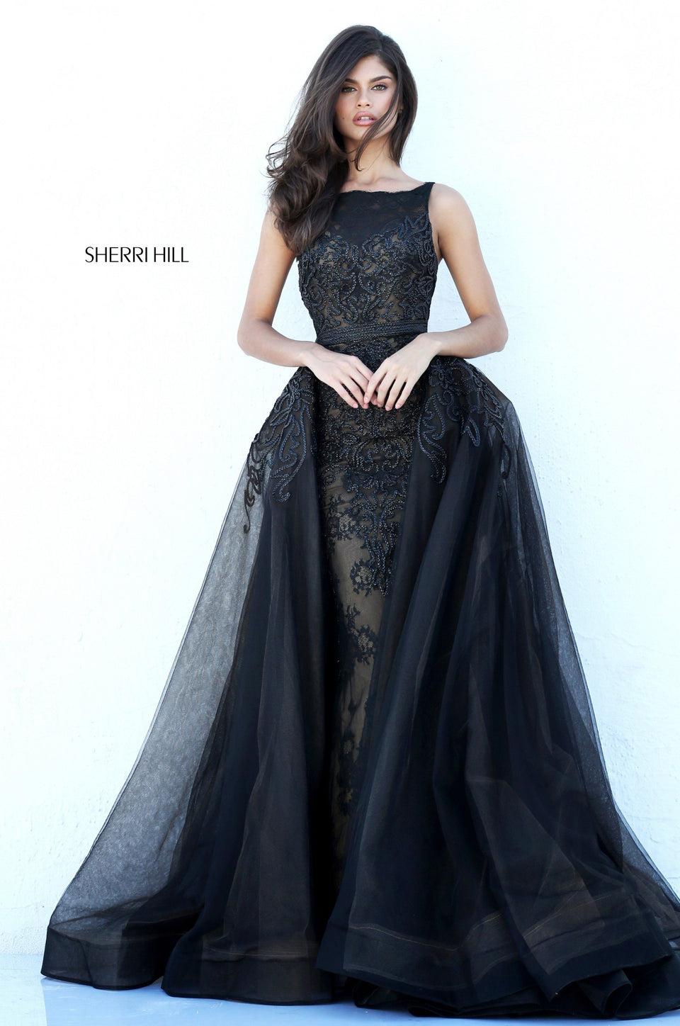 Sherri Hill Fitted Lace Gown With Tulle Over Skirt And Abstract Floral AppliquÃ©
