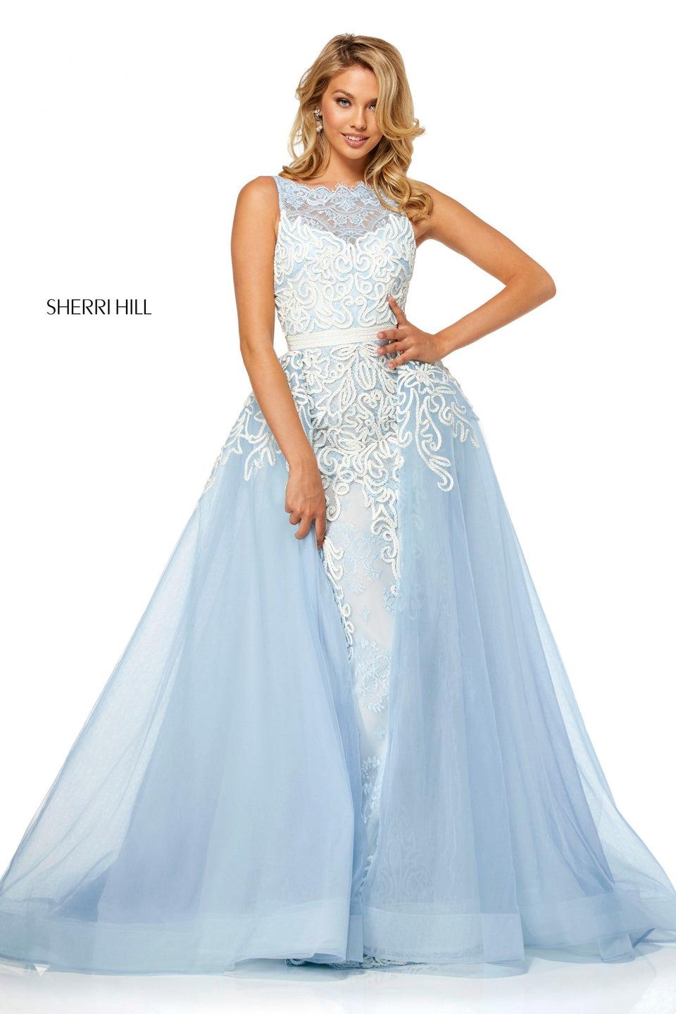 sherri hill Fitted lace gown with tulle over skirt and abstract floral appliquÃ©
