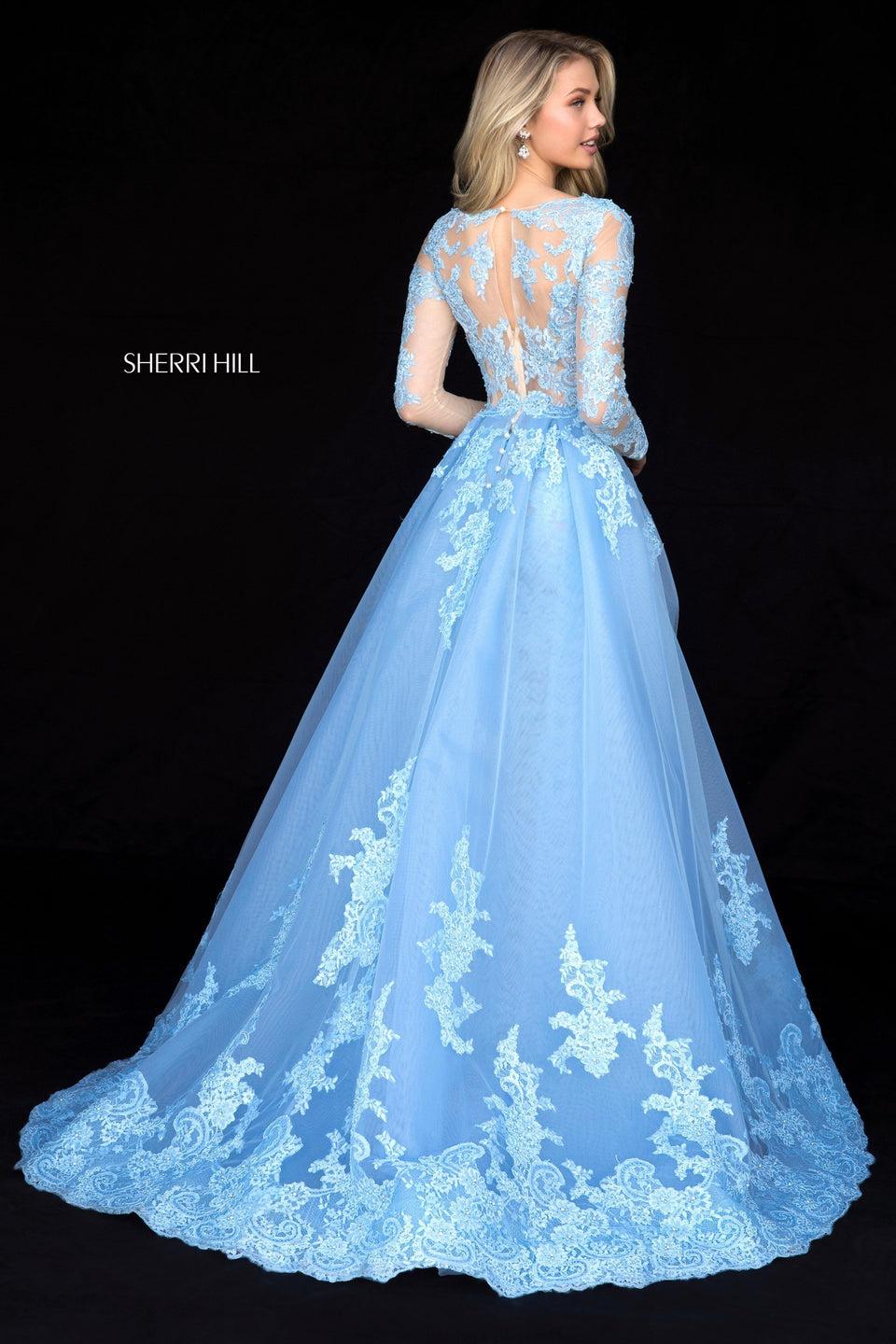 Sherri Hill Fitted Lace Gown With V Neck Bodice And Tulle Cape With Lace Appliques