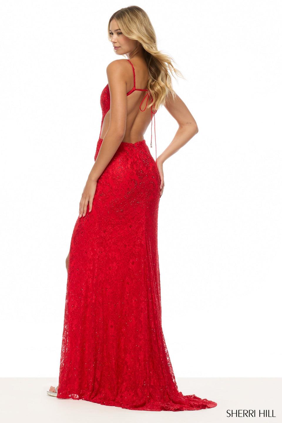Sherri Hill Fitted Lace Hot Fix Gown With Plunging Deep V Neckline Side Cuts Open Back And A Skirt Slit