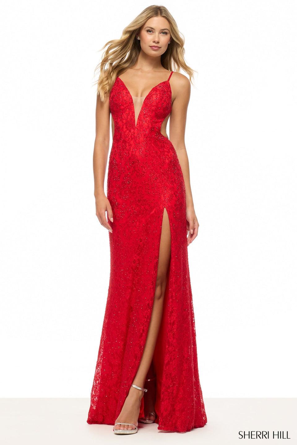 sherri hill Fitted lace hot fix gown with plunging deep V neckline side cuts open back and a skirt slit