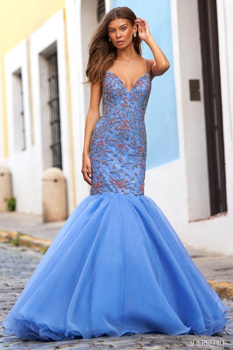 Sherri Hill Fitted Mermaid Gown With Delicate Swarovski Artwork And Full Organza Skirt