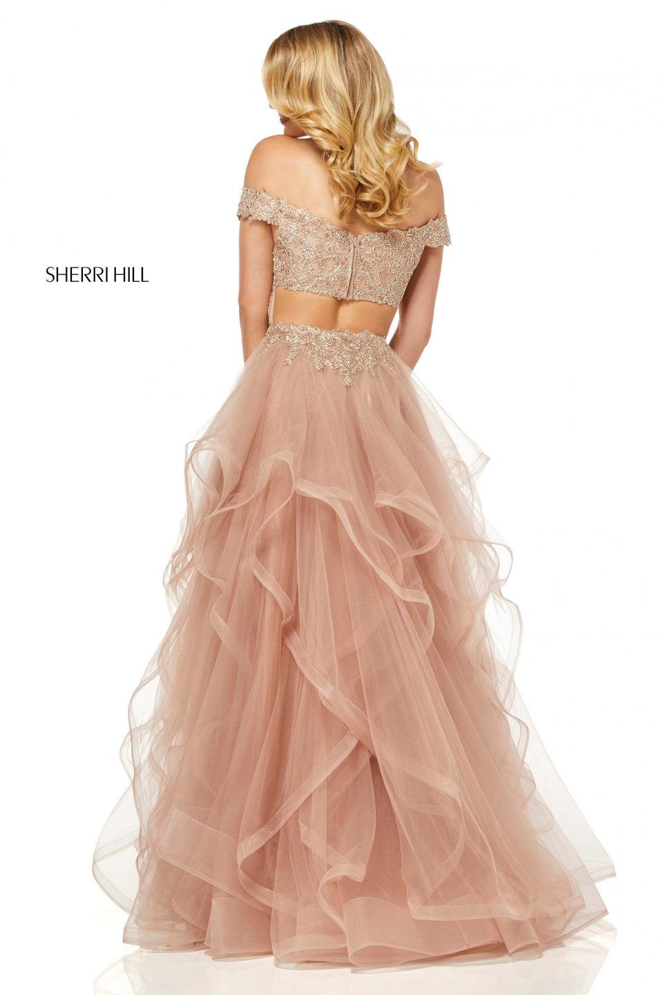 Sherri Hill Fitted Metallic Lace Gown With An Off-the-shoulder Bodice And Tulle Removable Overskirt