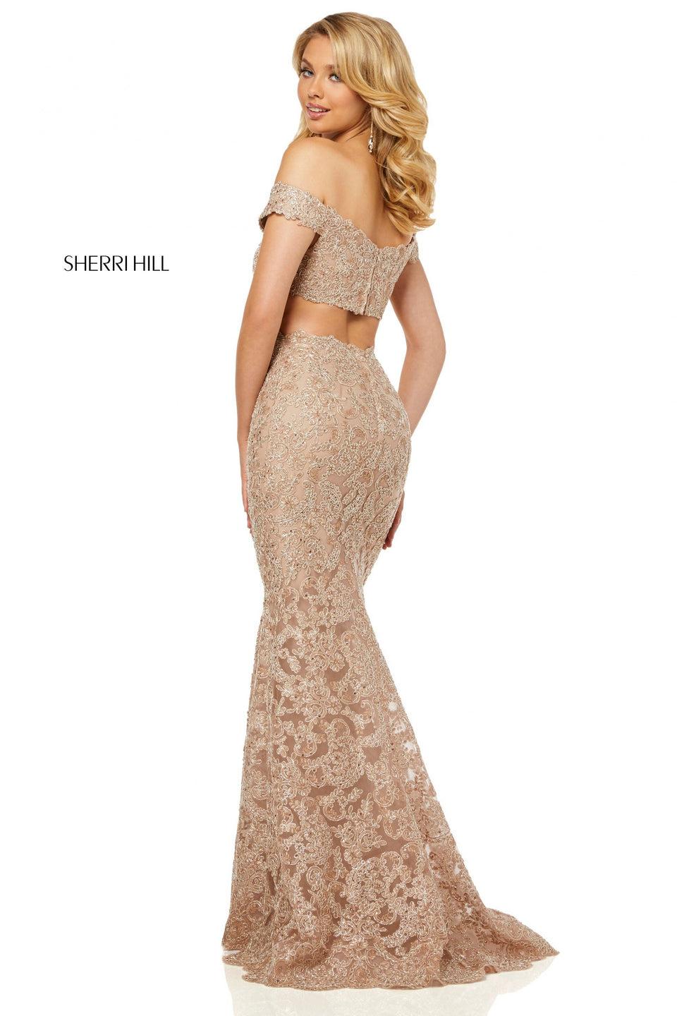 Sherri Hill Fitted Metallic Lace Gown With An Off-the-shoulder Bodice And Tulle Removable Overskirt