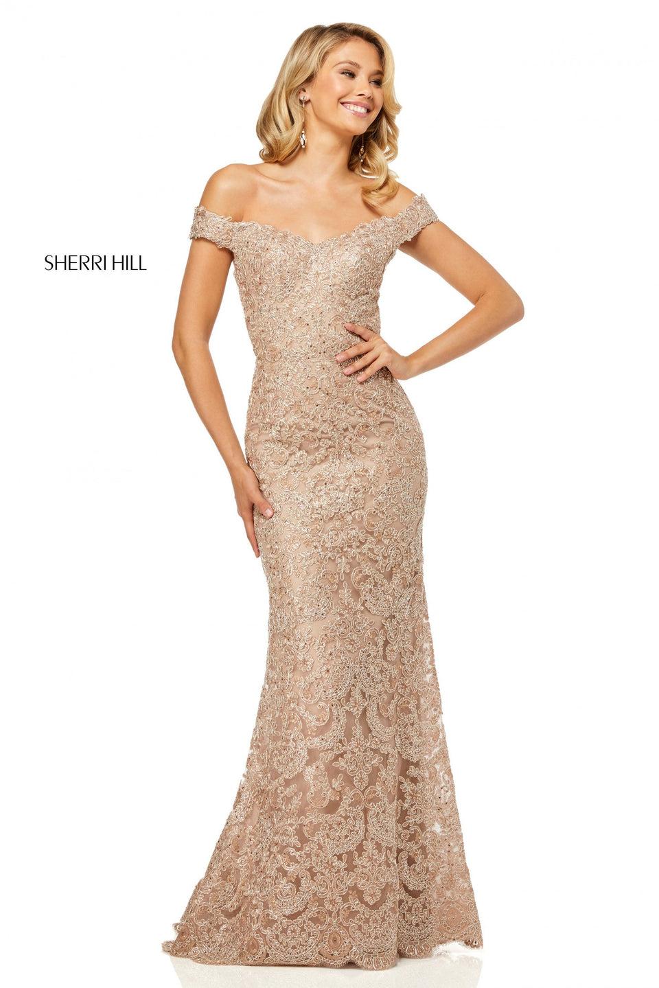 Sherri Hill Fitted Metallic Lace Gown With An Off-the-shoulder Bodice And Tulle Removable Overskirt