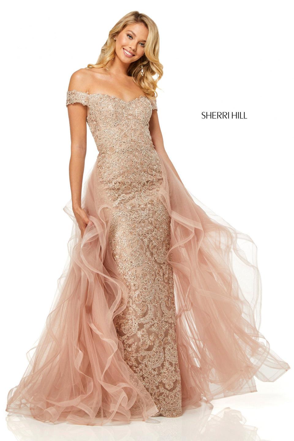 sherri hill Fitted metallic lace gown with an off-the-shoulder bodice and tulle removable overskirt