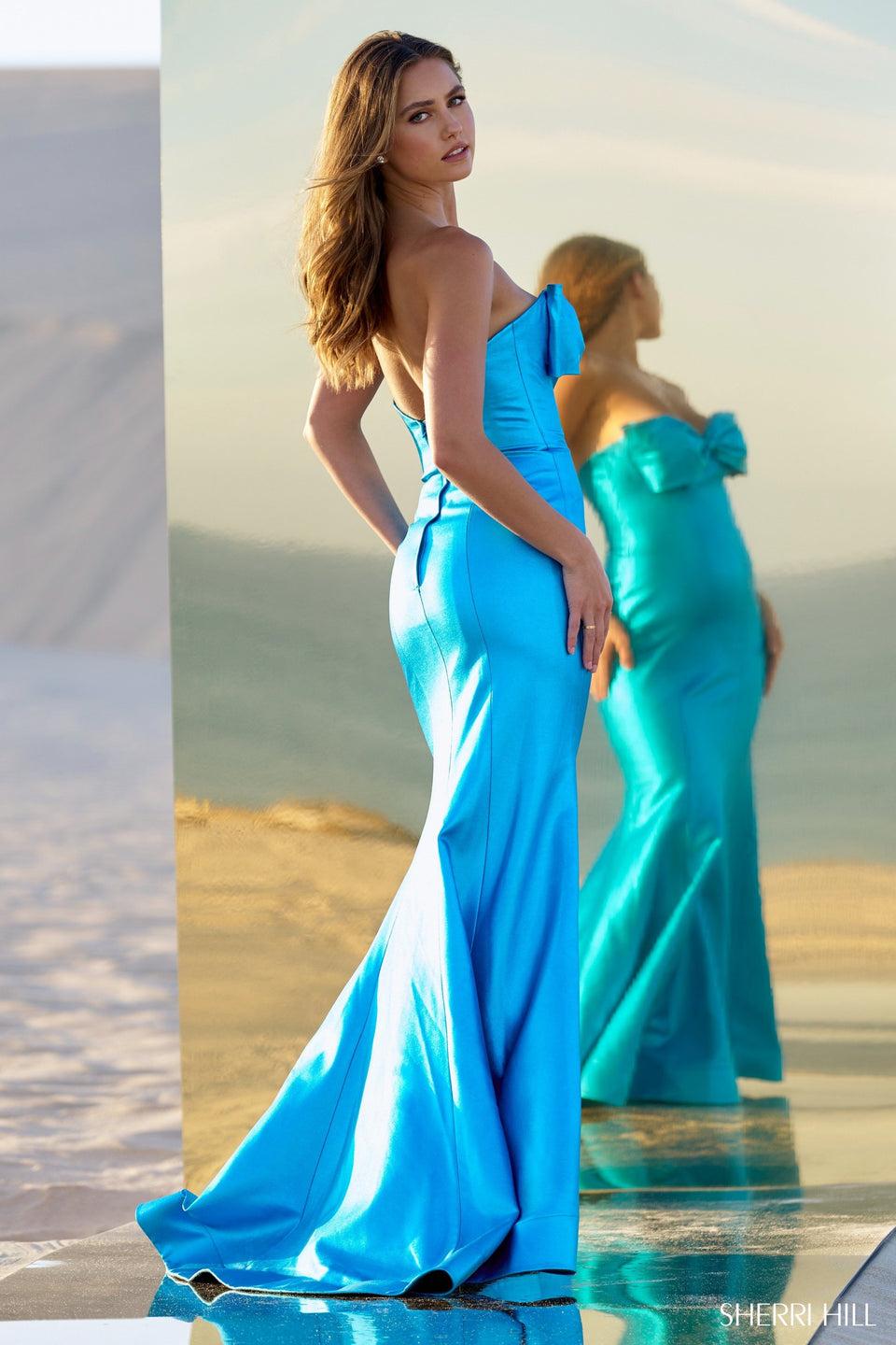 Sherri Hill Fitted Metallic Leather Gown With A Neckline Bow