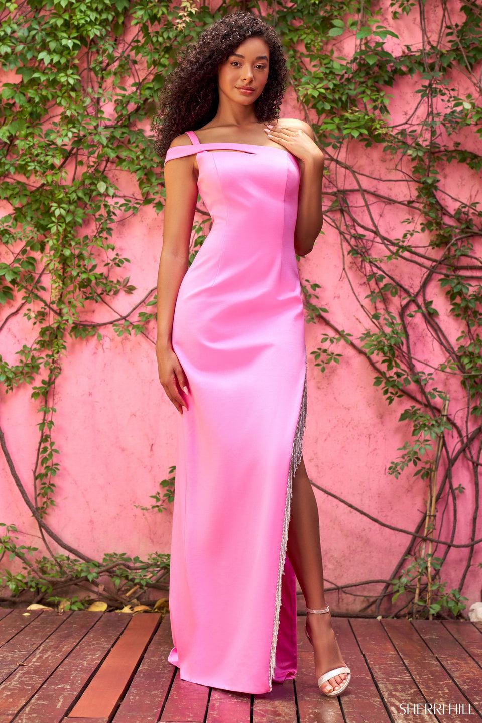 Sherri Hill Fitted One Shoulder Jersey Gown With Fringe Slit