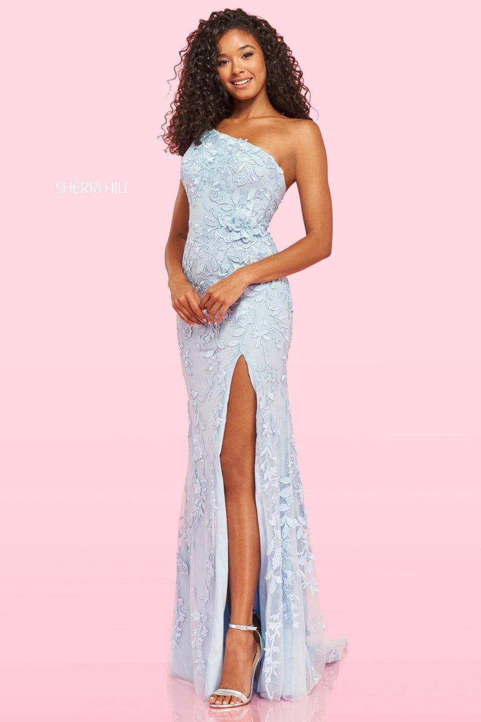 Sherri Hill Fitted One Shoulder Leaf Lace Gown With A 3D Flower On Side Waist And High Slit