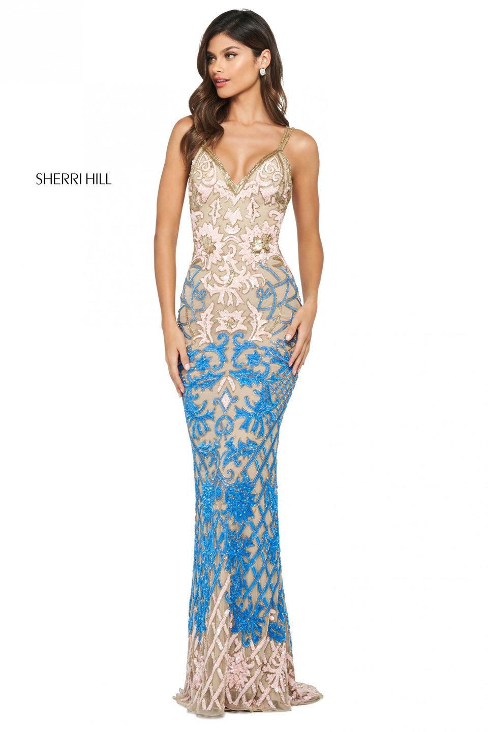 sherri hill Fitted pattern sequin and beaded gown with V sweetheart neckline and criss cross strap back