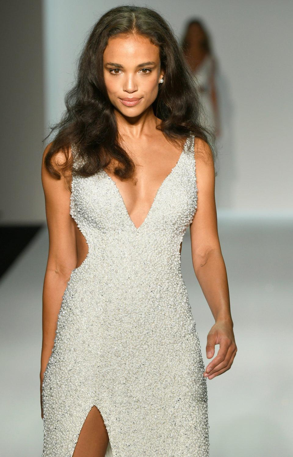 Sherri Hill Fitted Pearl Embellished Gown With Side Cuts Skirt Slit And An Open Back