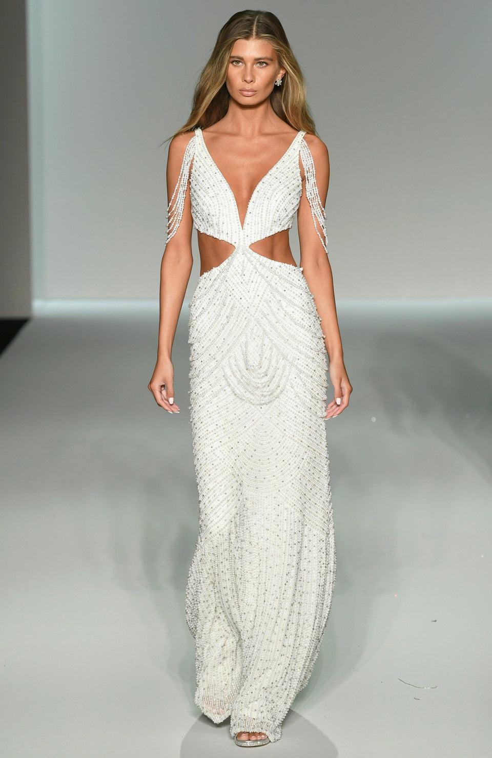 Sherri Hill Fitted Pearl Gown With Side Cut Out And Drape Shoulders