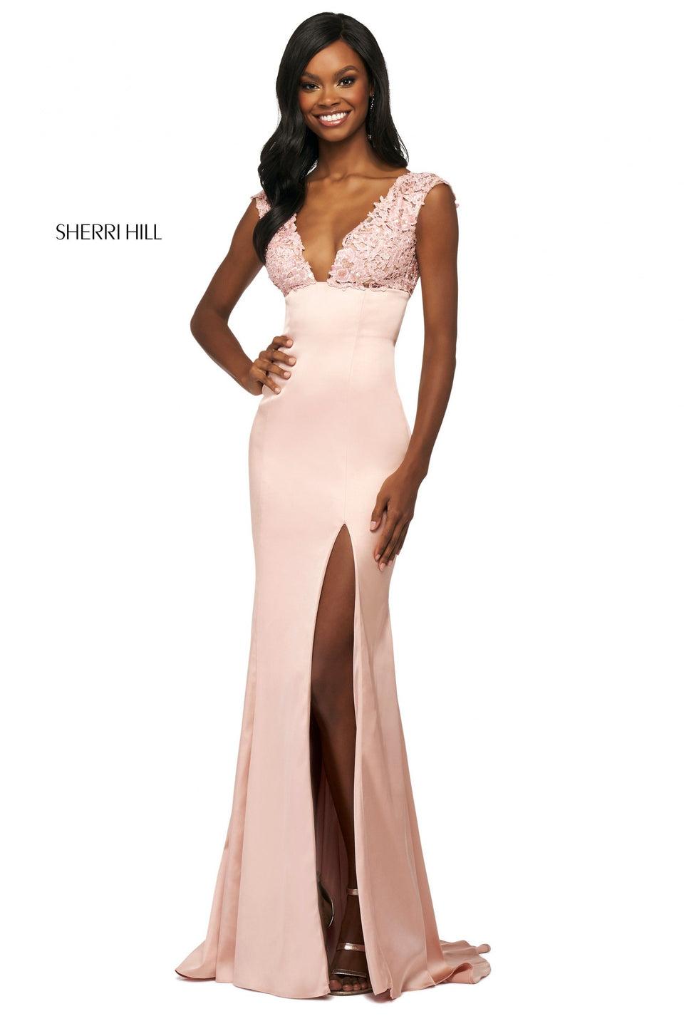 sherri hill Fitted satin gown with skirt slit beaded lace plunging neckline bodice and open lace up back with ruched lower back
