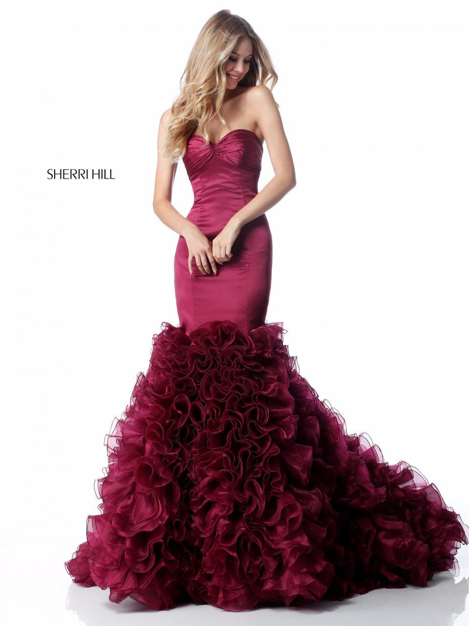 sherri hill Fitted satin sweetheart bodice with ruffled tulle skirt