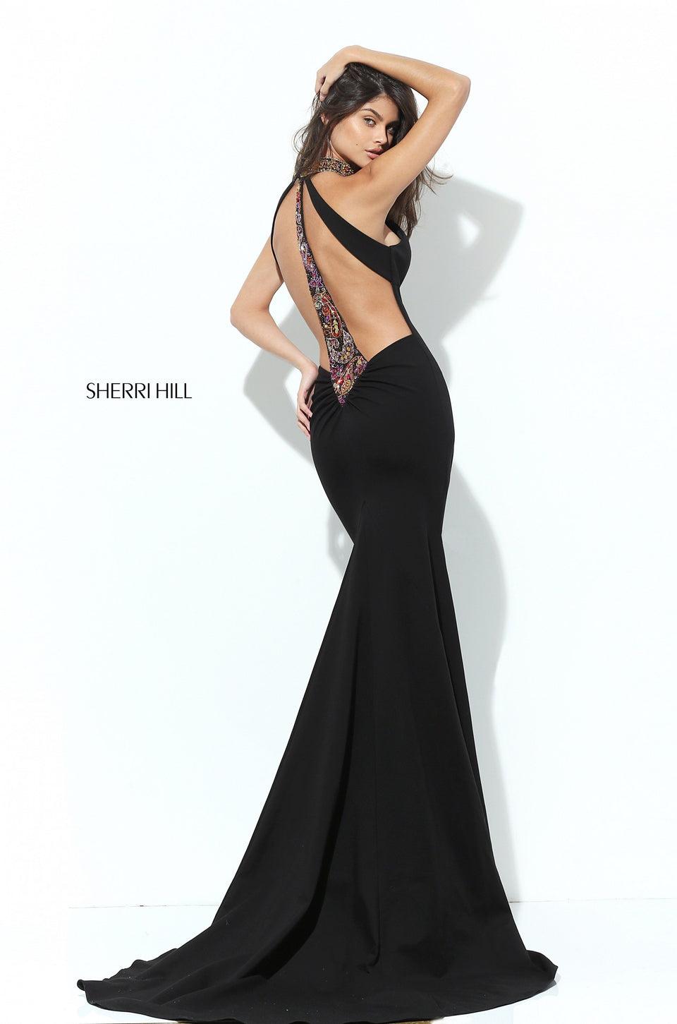 sherri hill Fitted scuba dress with a keyhole cut out front and beaded t-back