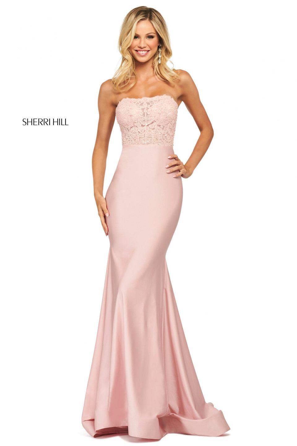 Sherri Hill Fitted Scuba Dress With Flared Hemline And Lace Strapless Bodice With Back Cut Out And Ruched Lower Back