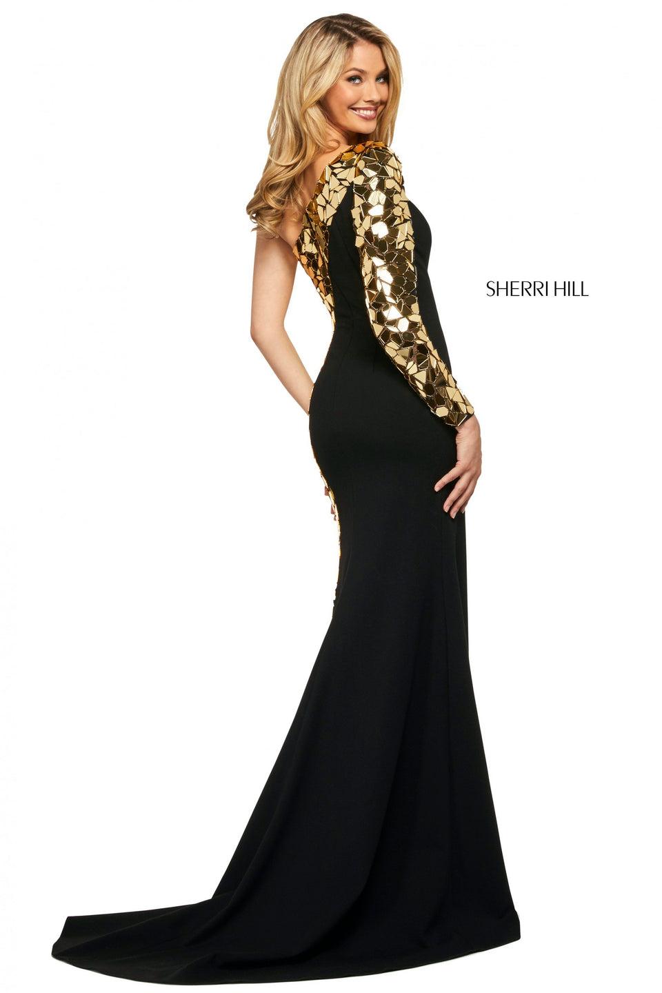 Sherri Hill Fitted Scuba Dress With One Shoulder Long Sleeve Neckline Skirt Slit And Cut Glass Mirror Embellishments Down The Sleeve And Side