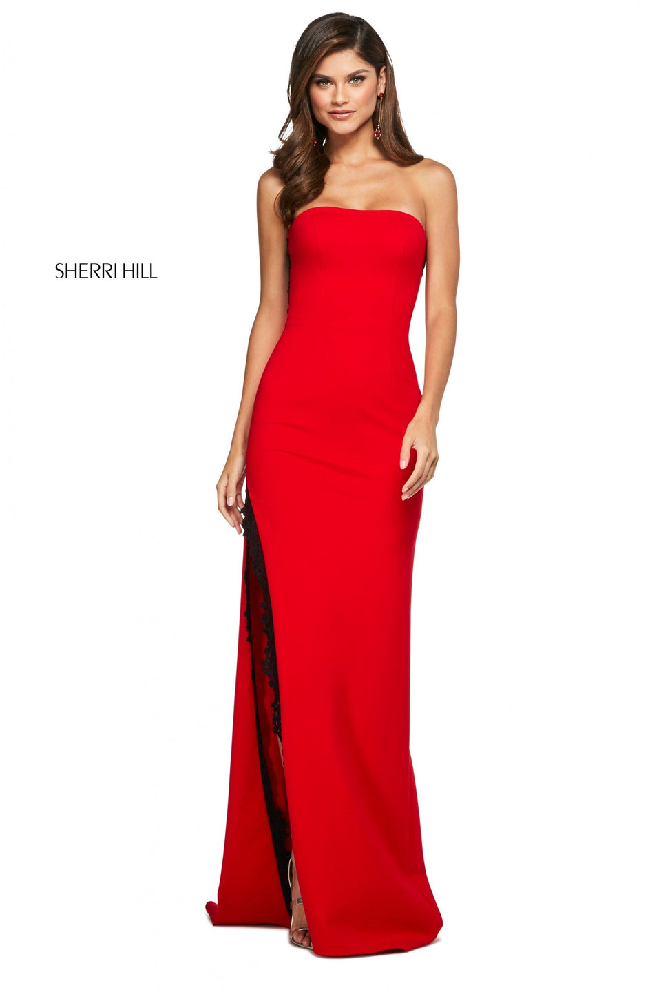 sherri hill Fitted scuba dress with strapless neckline corset style back and lace trimmed skirt slit