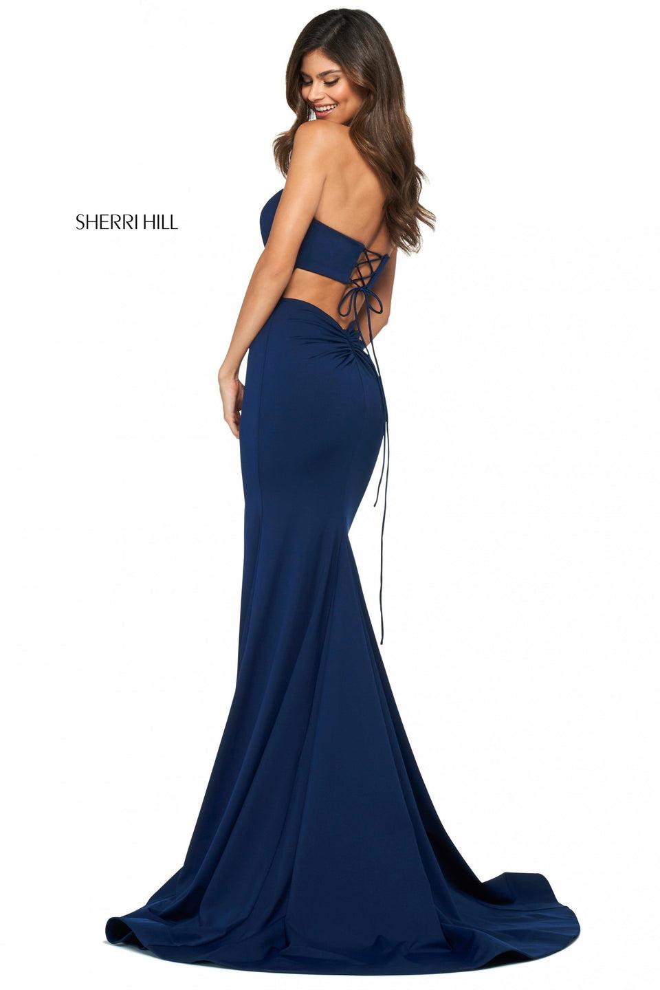 Sherri Hill Fitted Scuba Dress With Strapless Neckline Lace Up Back Back Cut Out Lower Back Ruching And Skirt Slit