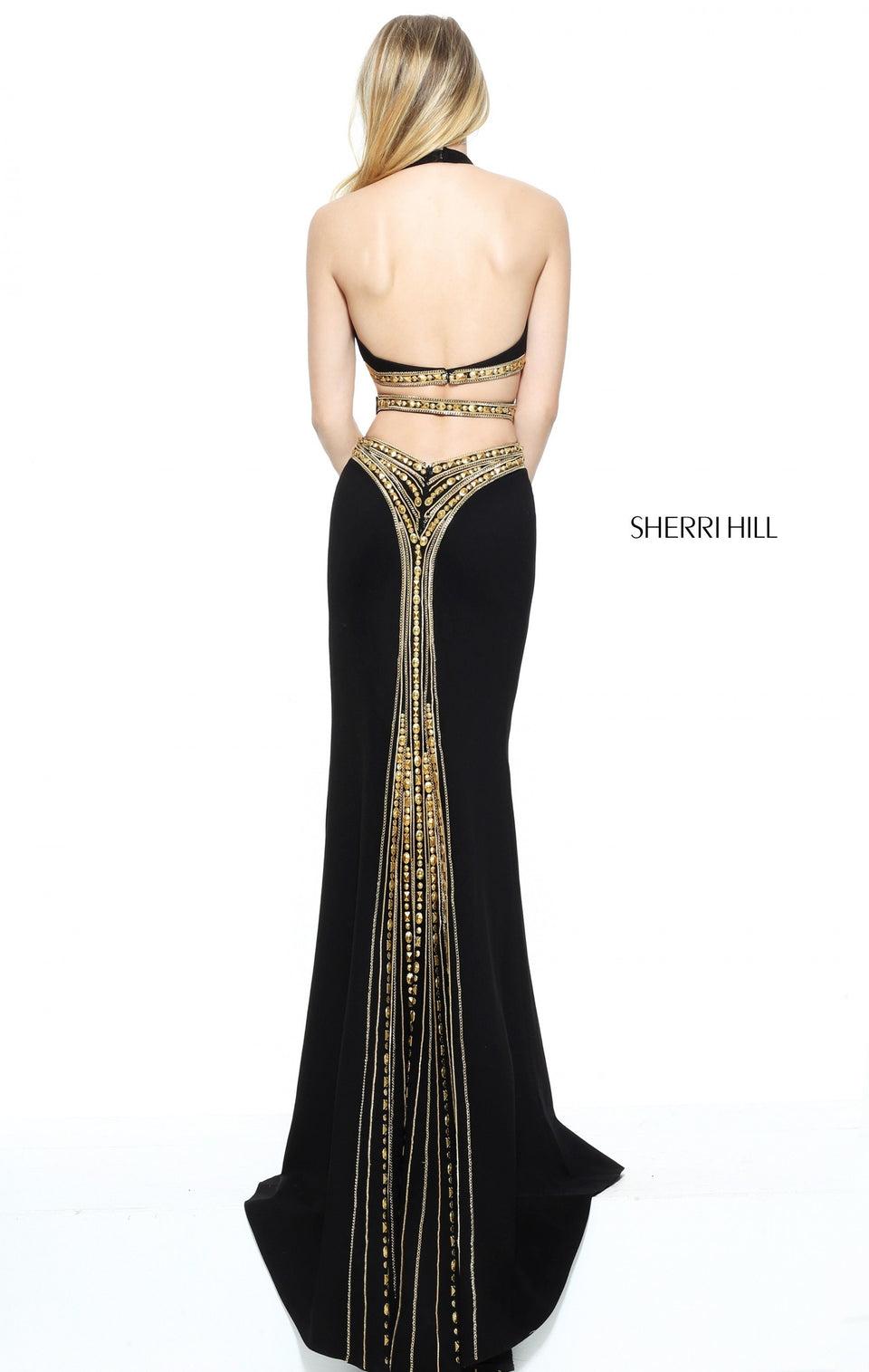 Sherri Hill Fitted Scuba With Gold Trim And Cut Out Sides And Back