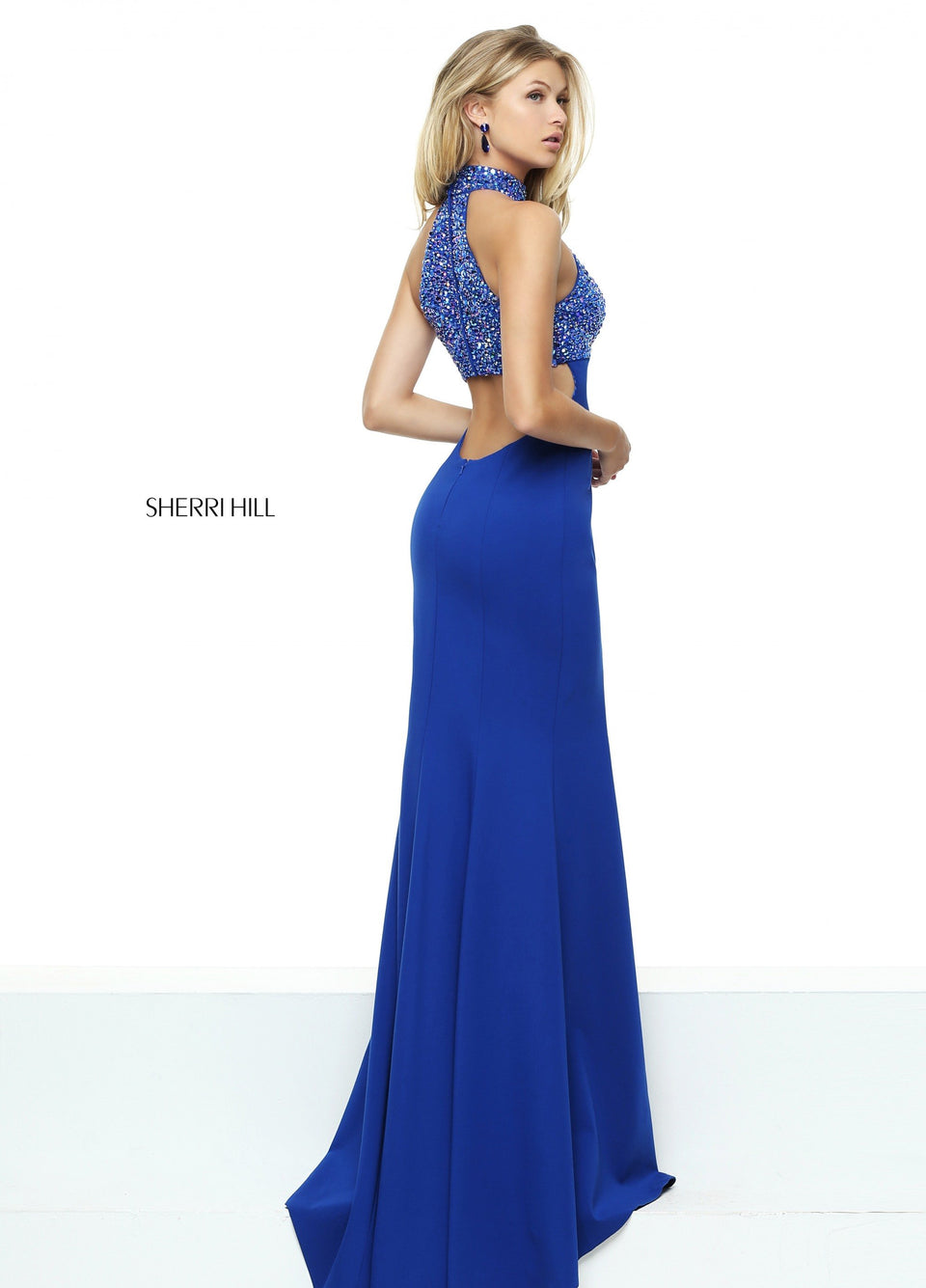 sherri hill Fitted scuba with high neck beaded bodice and an open back