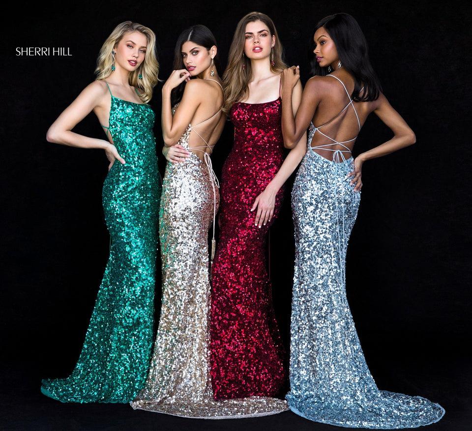 Sherri Hill Fitted Sequin Gown With Criss-cross Straps On Back