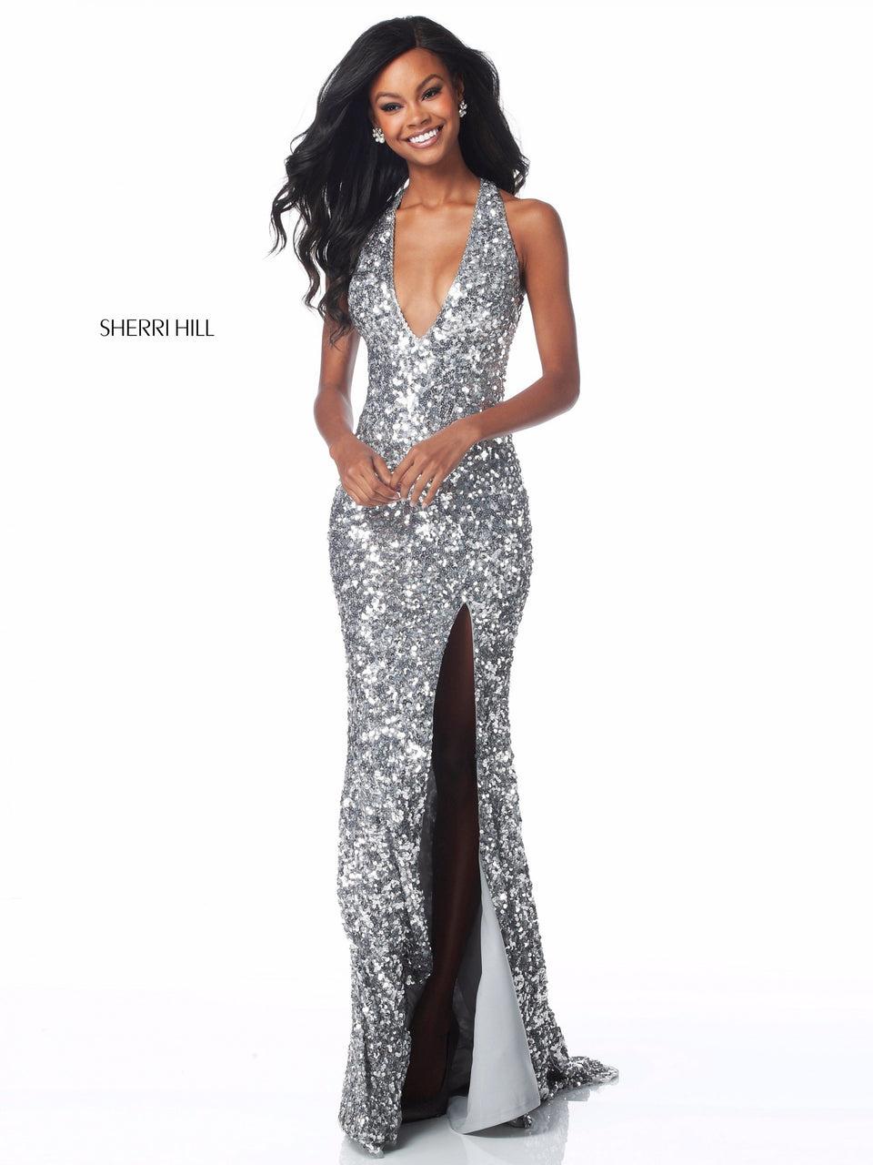 Sherri Hill Fitted Sequin Gown With Deep V Bodice Cut Out Back And Slit Skirt