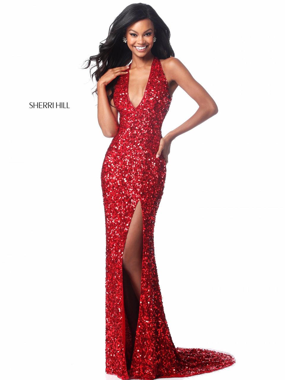sherri hill Fitted sequin gown with deep V bodice cut out back and slit skirt