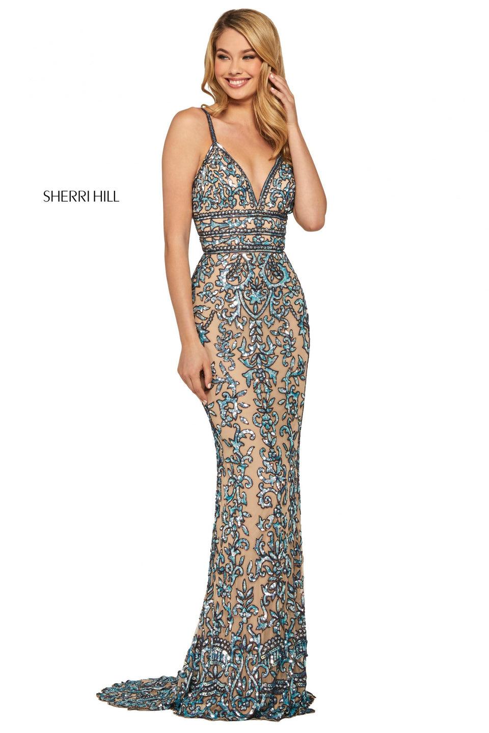 Sherri Hill Fitted Sequin Gown With V Neckline And Lace Up Back