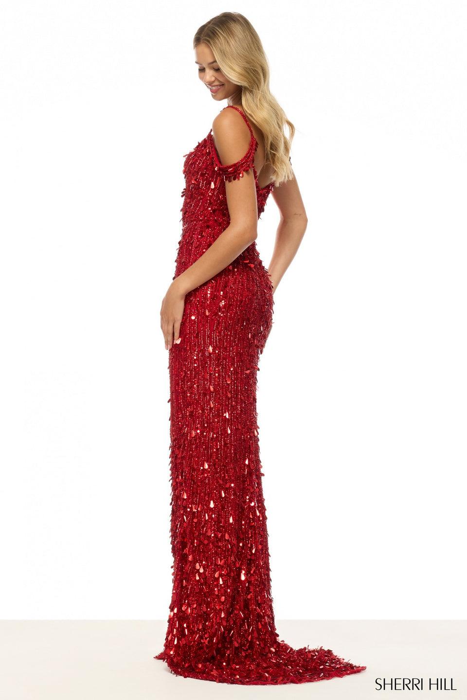 Sherri Hill Fitted Sequin Off The Shoulder Gown With Skirt Slit