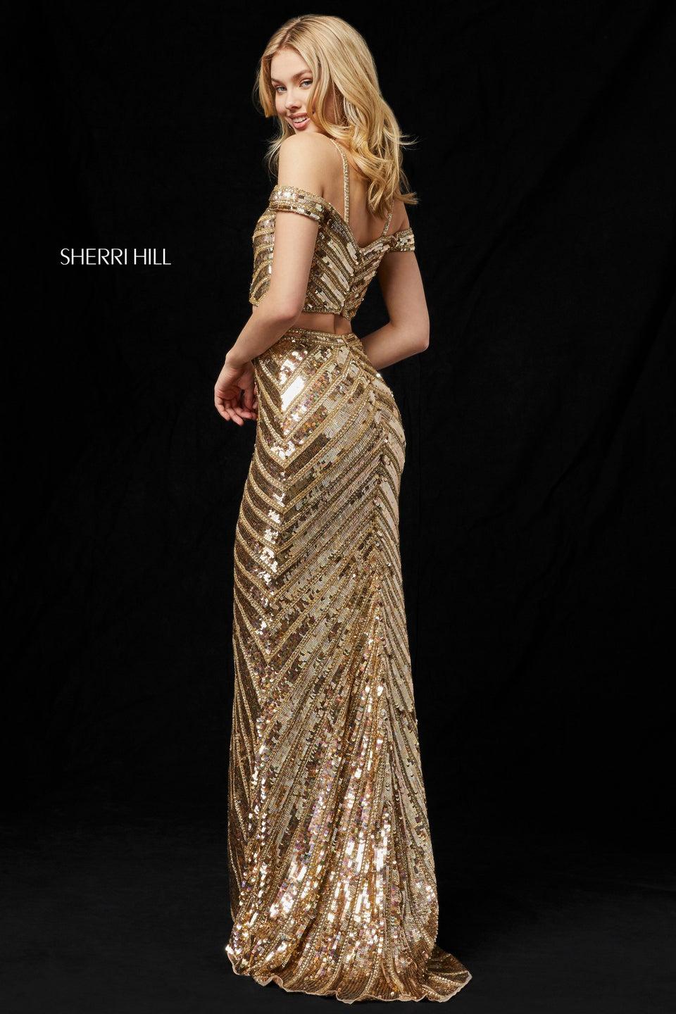 Sherri Hill Fitted Sequin Two Piece With Off-the-shoulder Straps