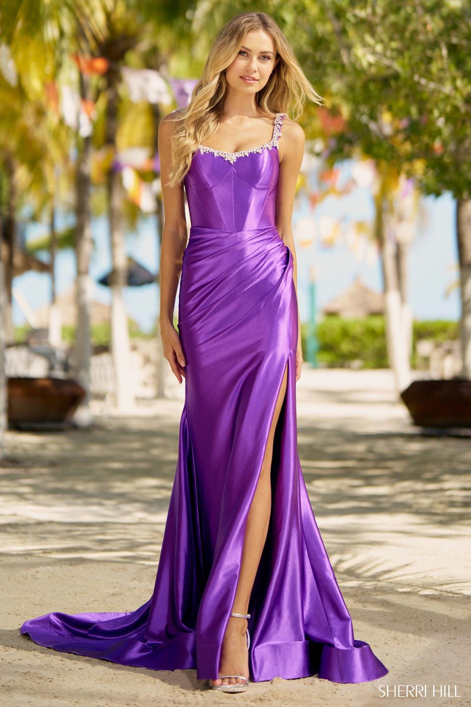sherri hill Fitted silky stretched satin gown with rhinestone embellished neckline ruched skirt and slit