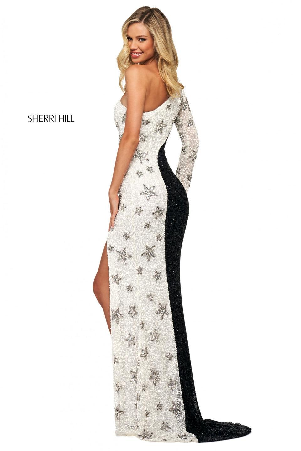 Sherri Hill Fitted Star Pattern Beaded Gown With Skirt Slit One Shoulder Neckline And Long Sleeve