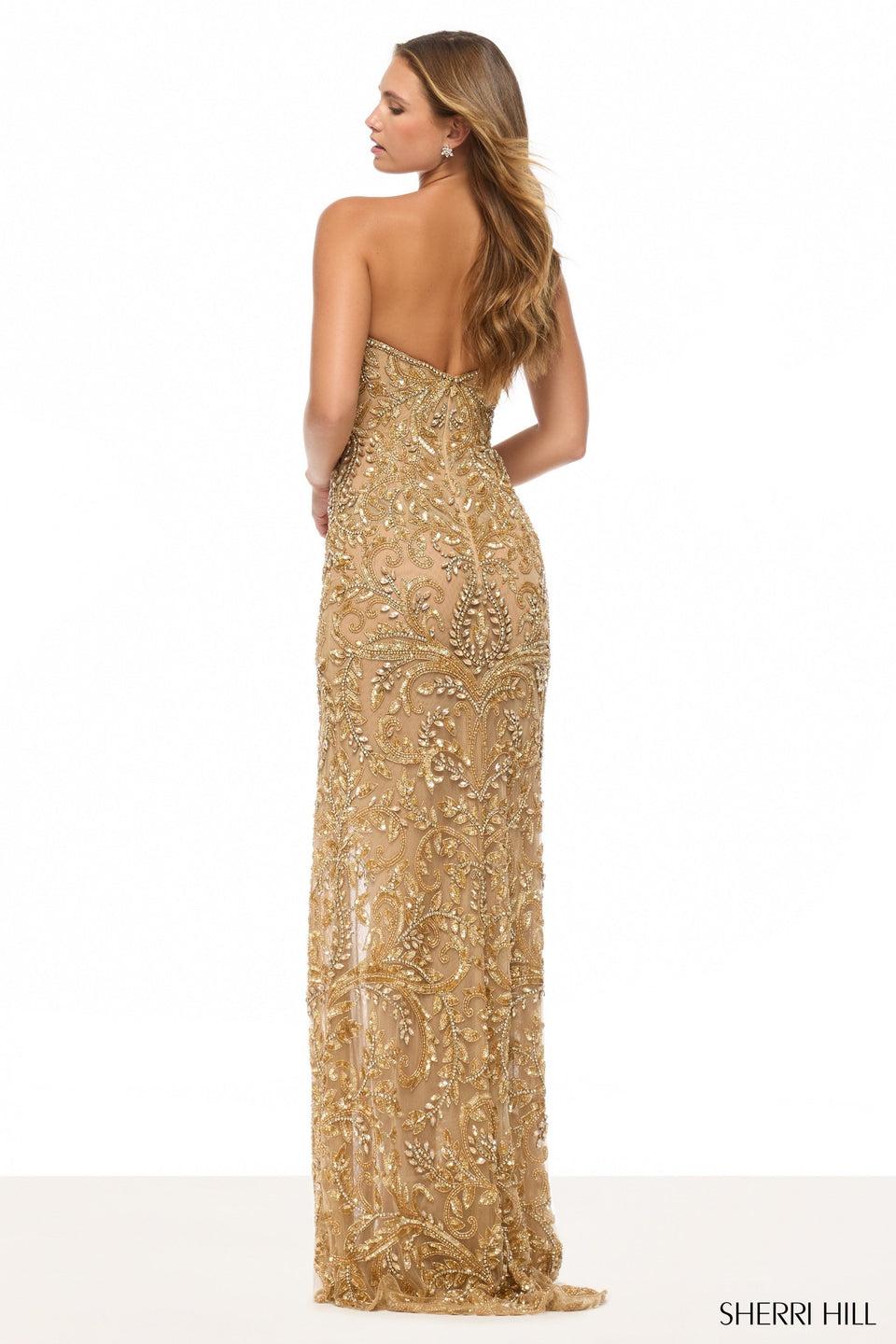 Sherri Hill Fitted Strapless Fully Beaded Gown With A Skirt Slit